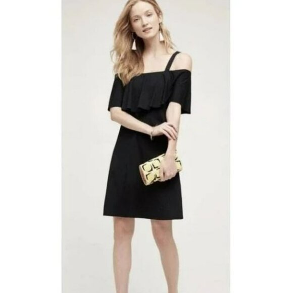 Anthropologie | Maeve Cold Shoulder Black Flounce Dress | Size Medium - Picture 1 of 9